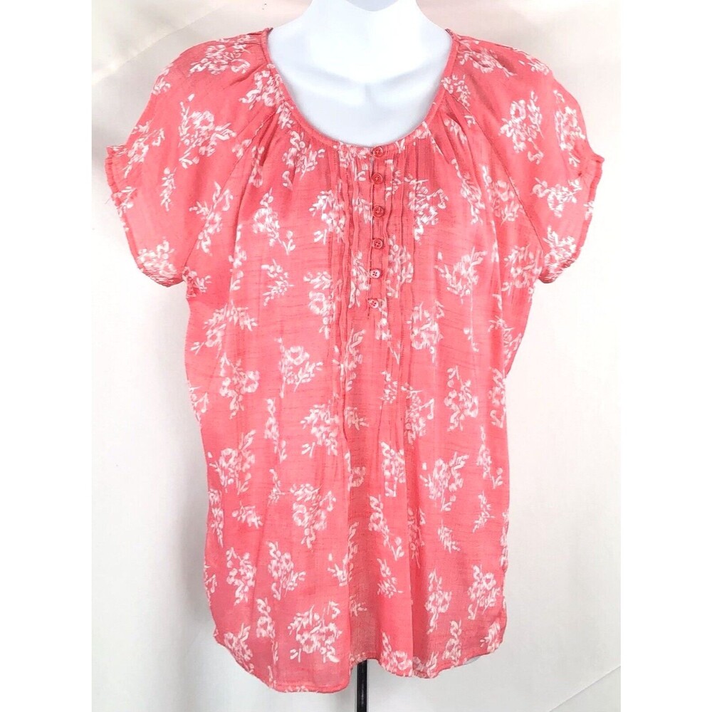 Bit & Bridle Top L Coral Shimmer Floral 1/2 Button Smocked Pleats gauzy romantic